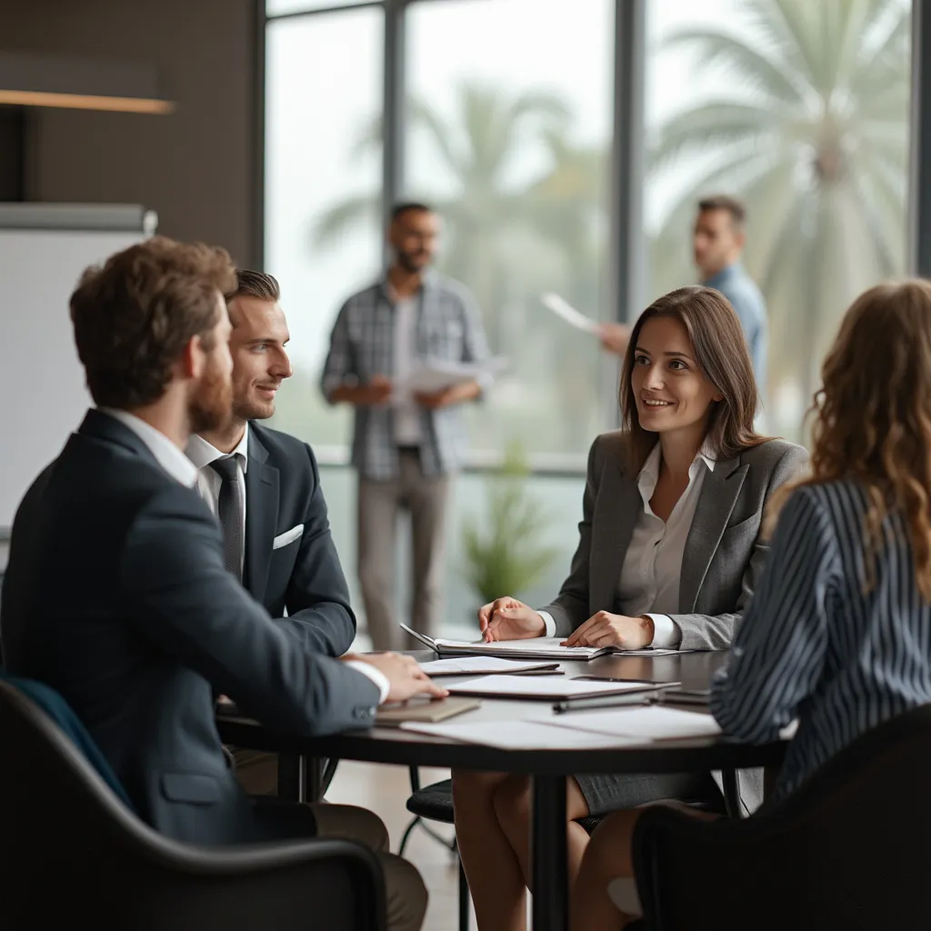Grupo de profesionales diversos en un evento de networking empresarial animado